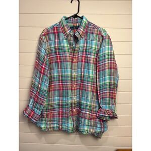 Ralph Lauren Men's Linen Plaid Button Down Shirt Multicolor Long Sleeve